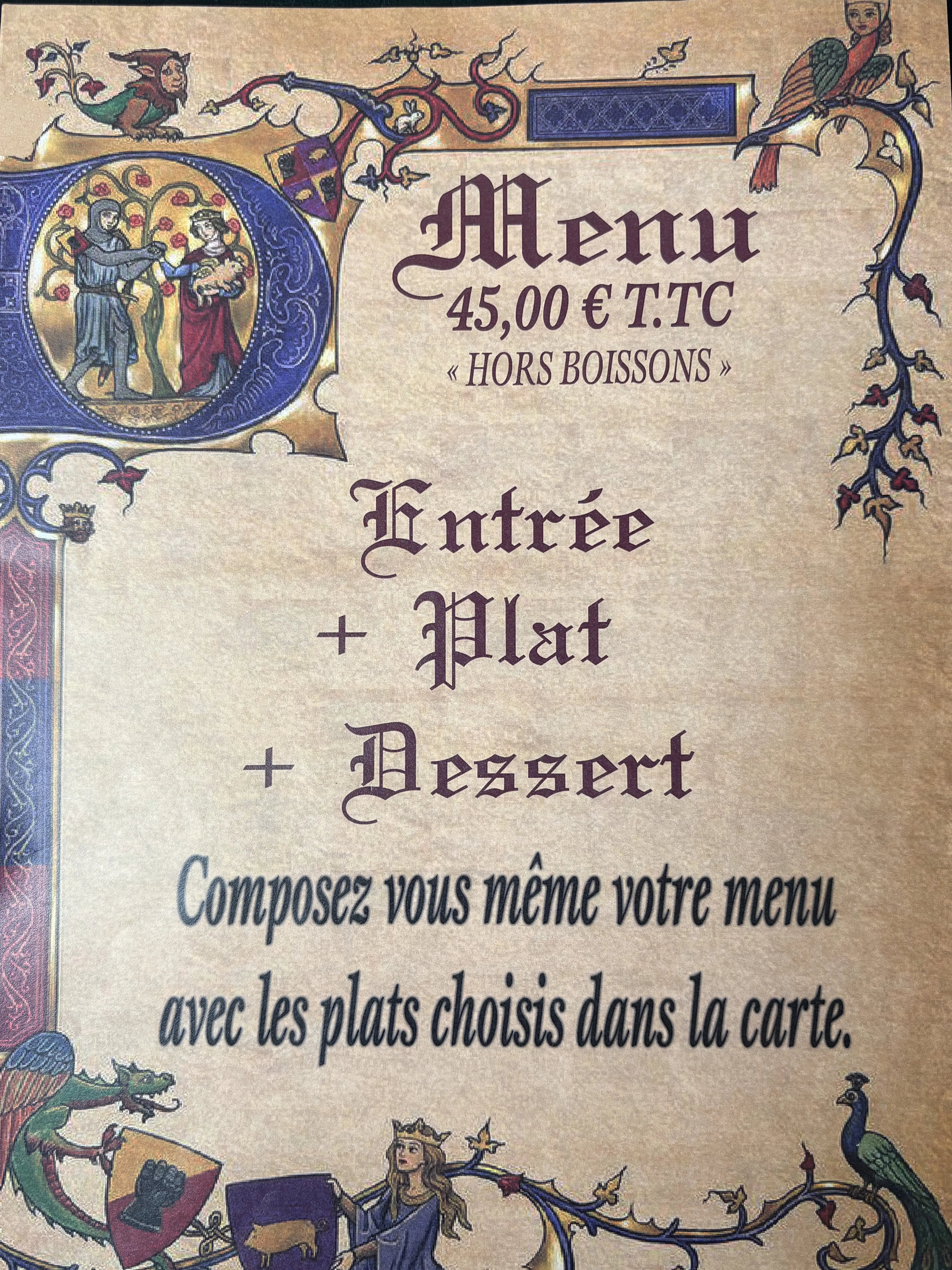 Menu &agrave; 45&euro; TTC avec entr&eacute;e, plat, et dessert au choix